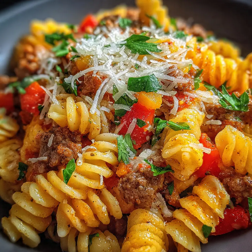 Close-up of a serving spoon lifting a portion of the casserole showing layers of beef, noodles, and cheese