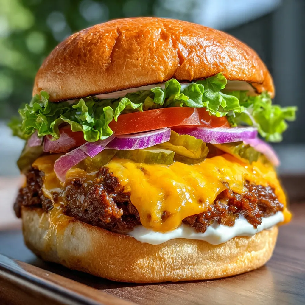 Close-up of a juicy beef patty topped with melted cheese and fresh lettuce on a toasted bun