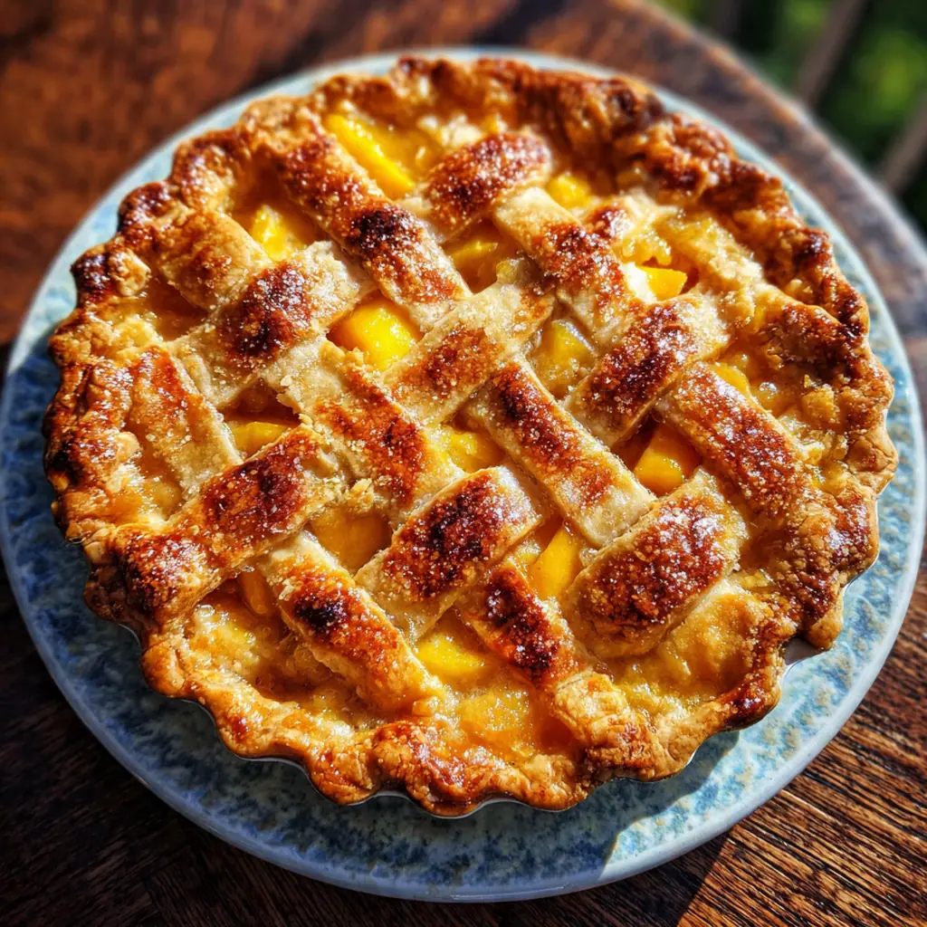 Close-up of a slice of pie showing juicy peach and mango filling with a flaky crust