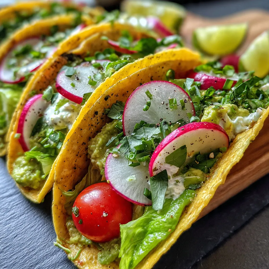 Close-up of a crispy spiced chickpea taco drizzled with creamy green sauce and topped with radishes