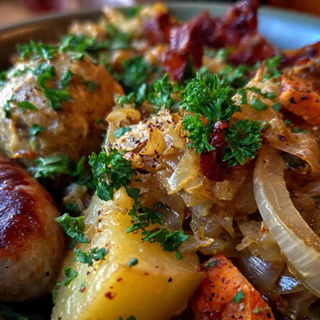 A classic German dinner plate with sauerbraten, potato dumplings, and braised red cabbage