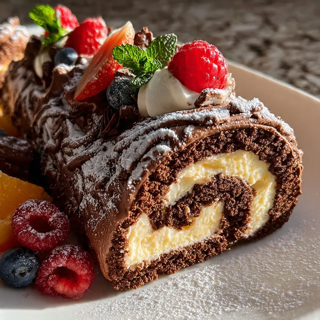 Decorated Bûche de Noël with meringue mushrooms and rosemary sprigs for a rustic holiday look