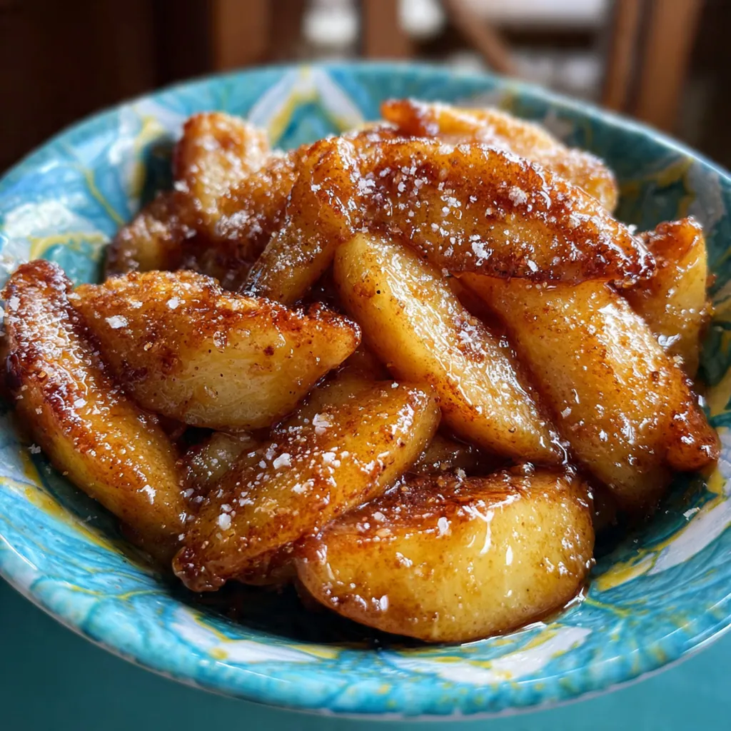 A rustic table setting with a bowl of fried apples next to fluffy pancakes and a cup of coffee