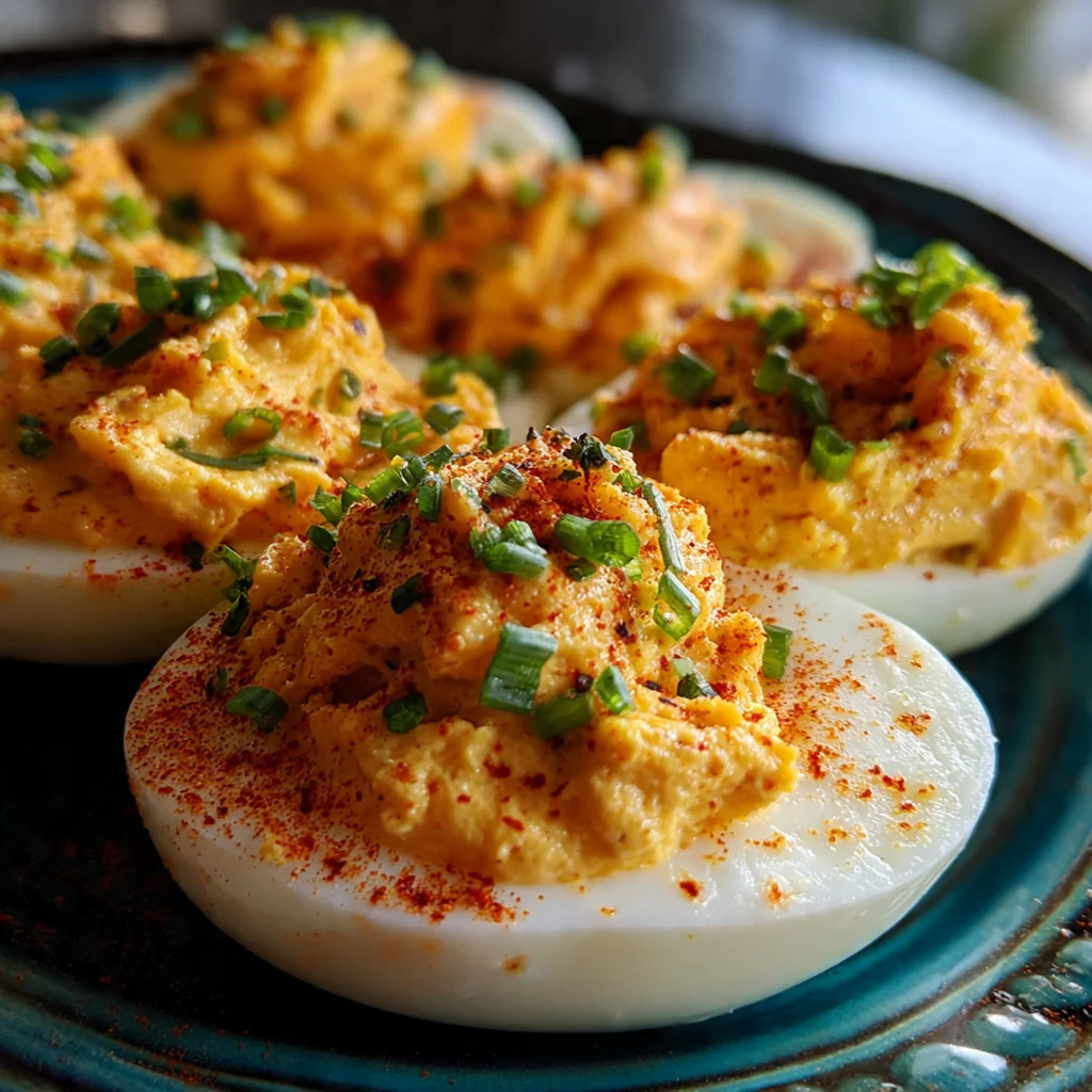 The bright yellow yolk filling being piped with a star tip into the cooked egg white halves.