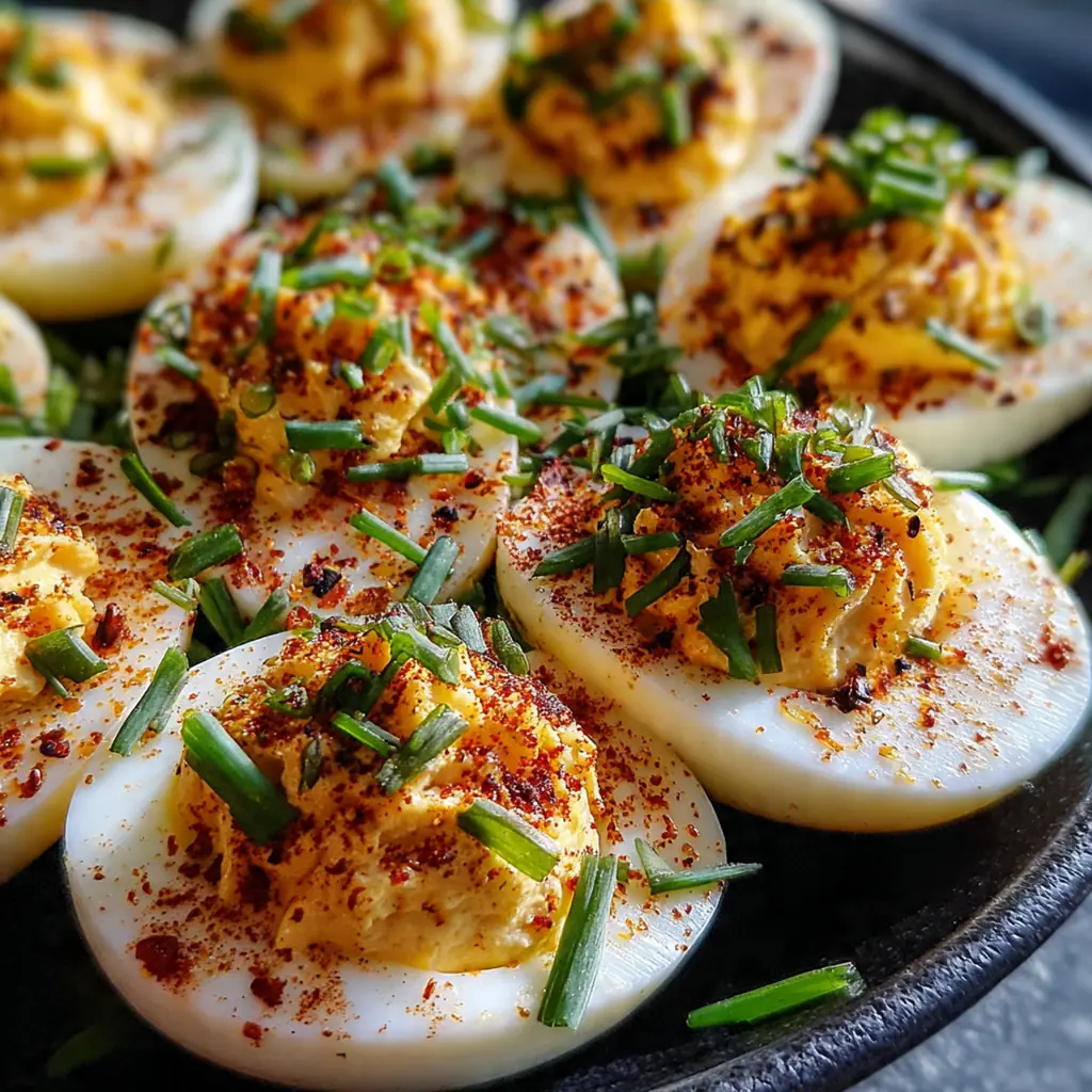A close-up shot of a single perfect deviled egg, showing the smooth and creamy yellow yolk filling.