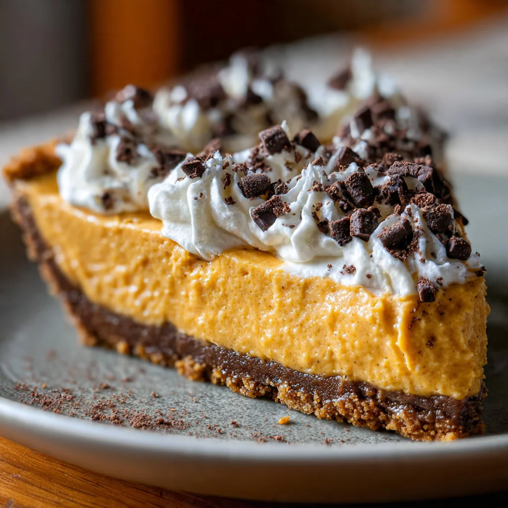 Whole pumpkin chocolate cheesecake pie on a rustic table with fall leaves and whipped cream