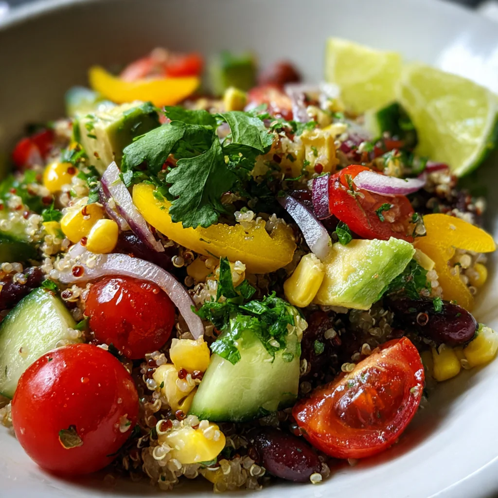 Close-up of a spoon lifting a bite of quinoa with chickpeas and fresh mint