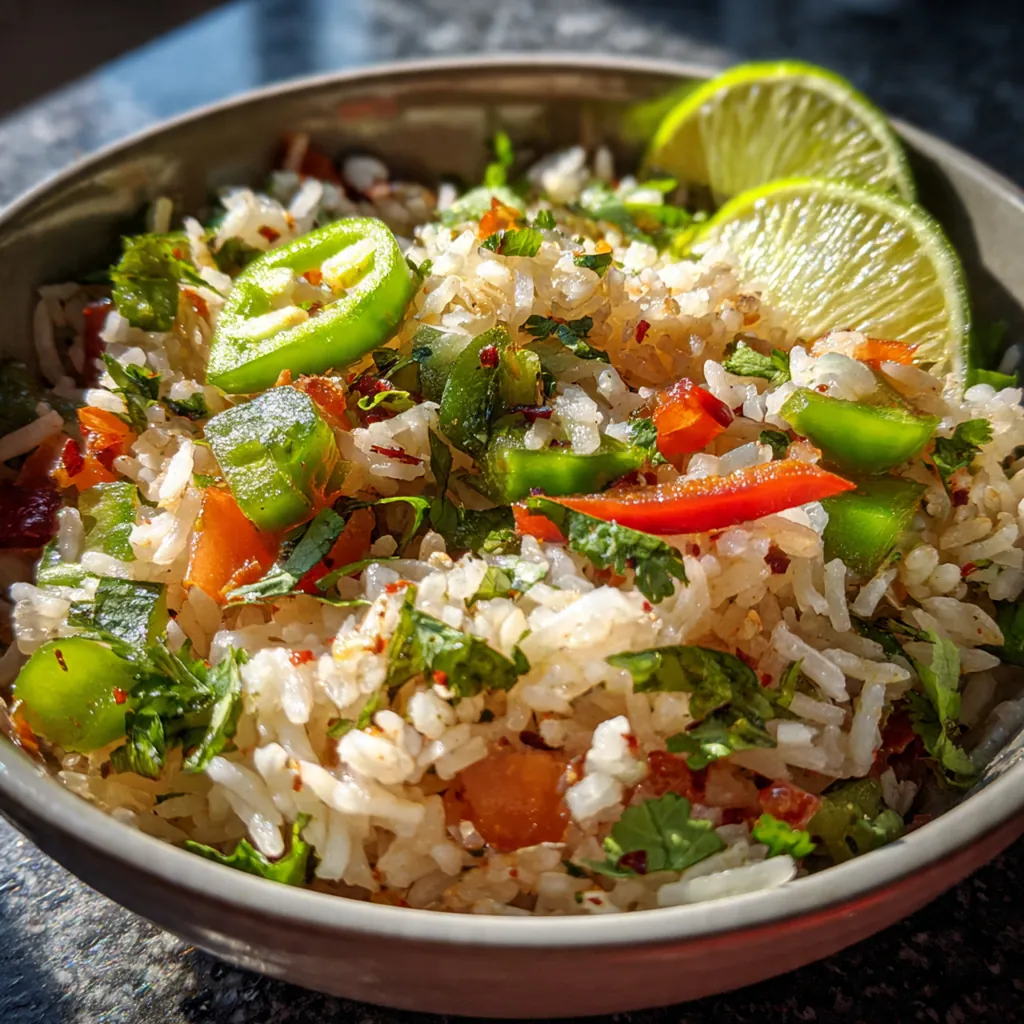 A bowl of fluffy Mexican red rice with peas and carrots mixed throughout