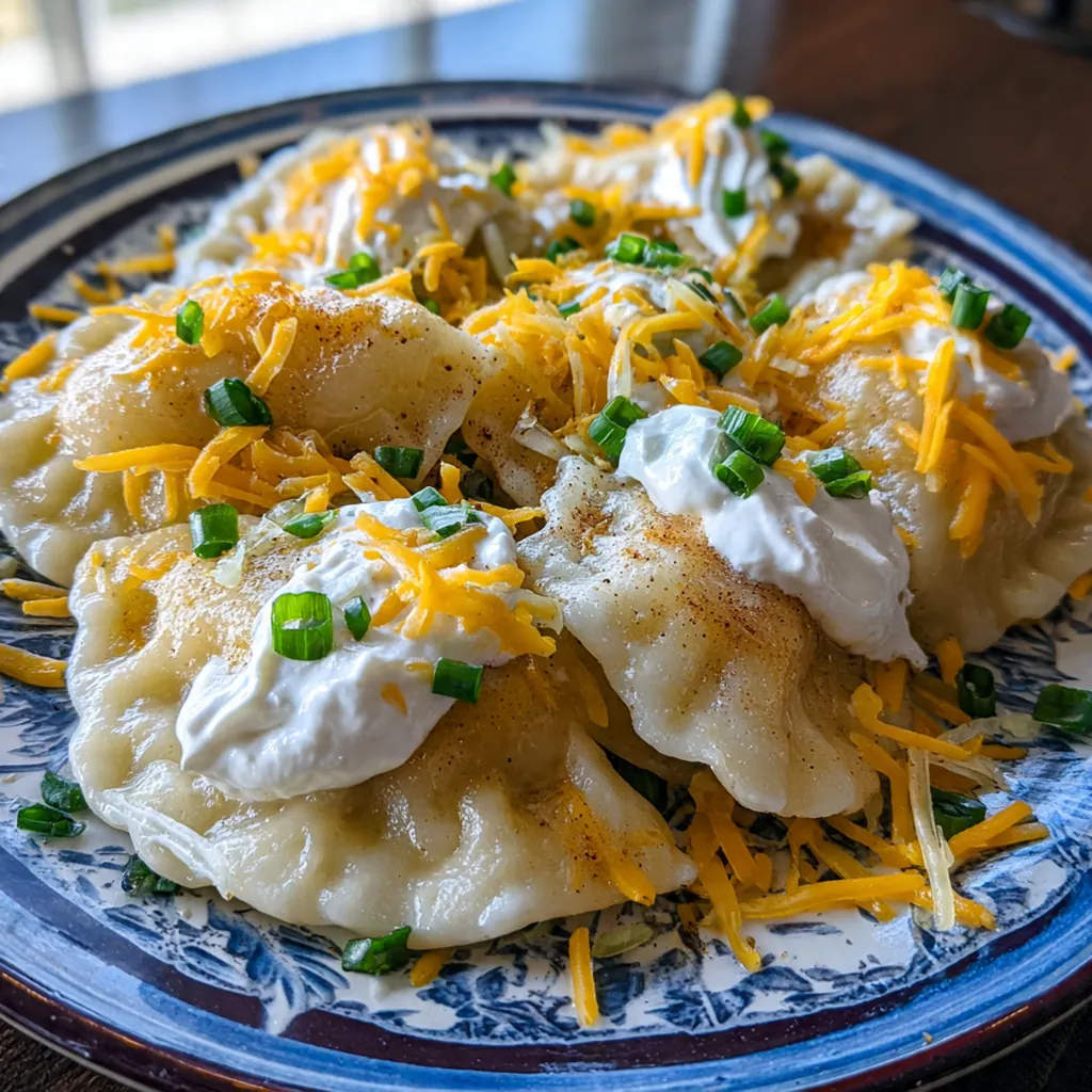 A rustic bowl filled with golden brown homemade perogies topped with melting pats of butter