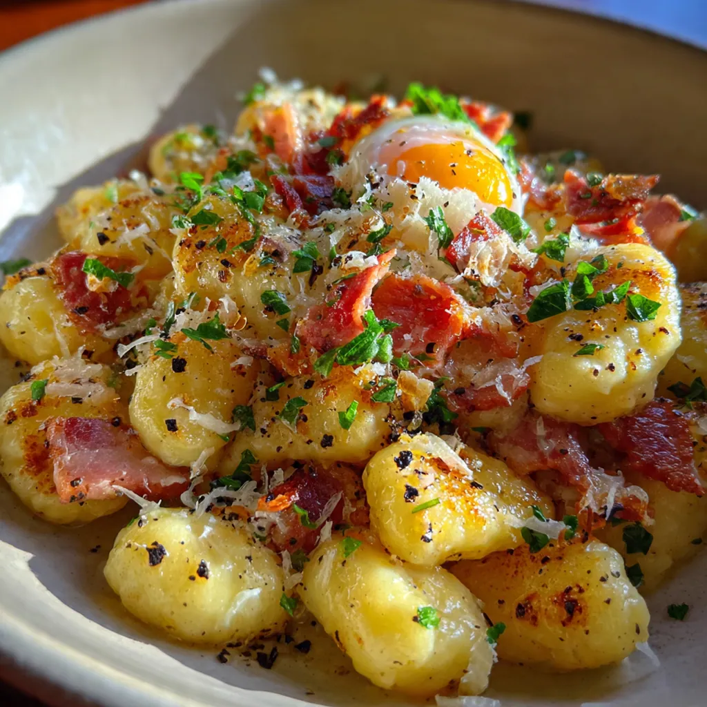 Creamy gnocchi carbonara in a white bowl topped with crispy guanciale and fresh parsley