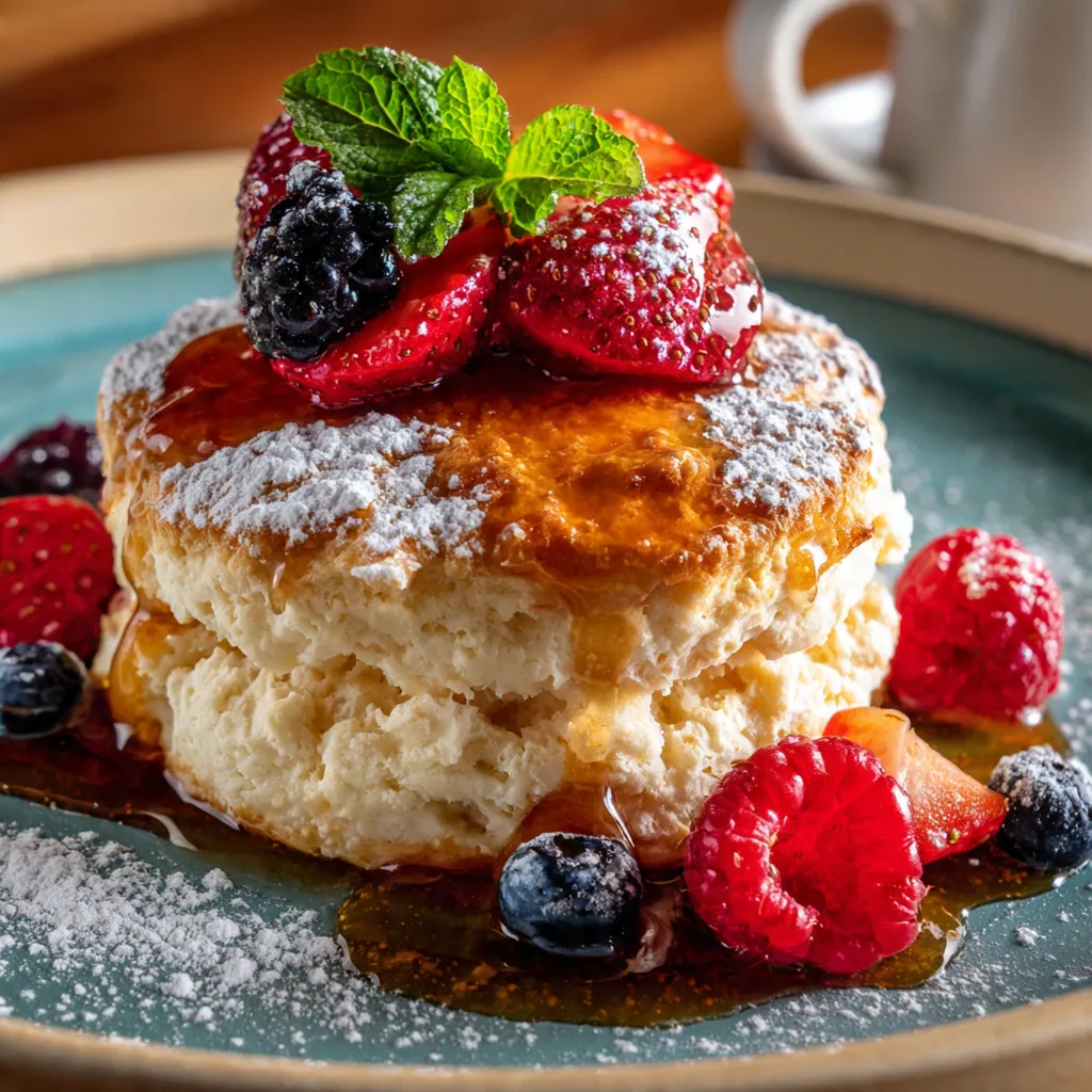 A tower of golden brown, flaky buttermilk biscuits fresh from the oven on a rustic wooden board