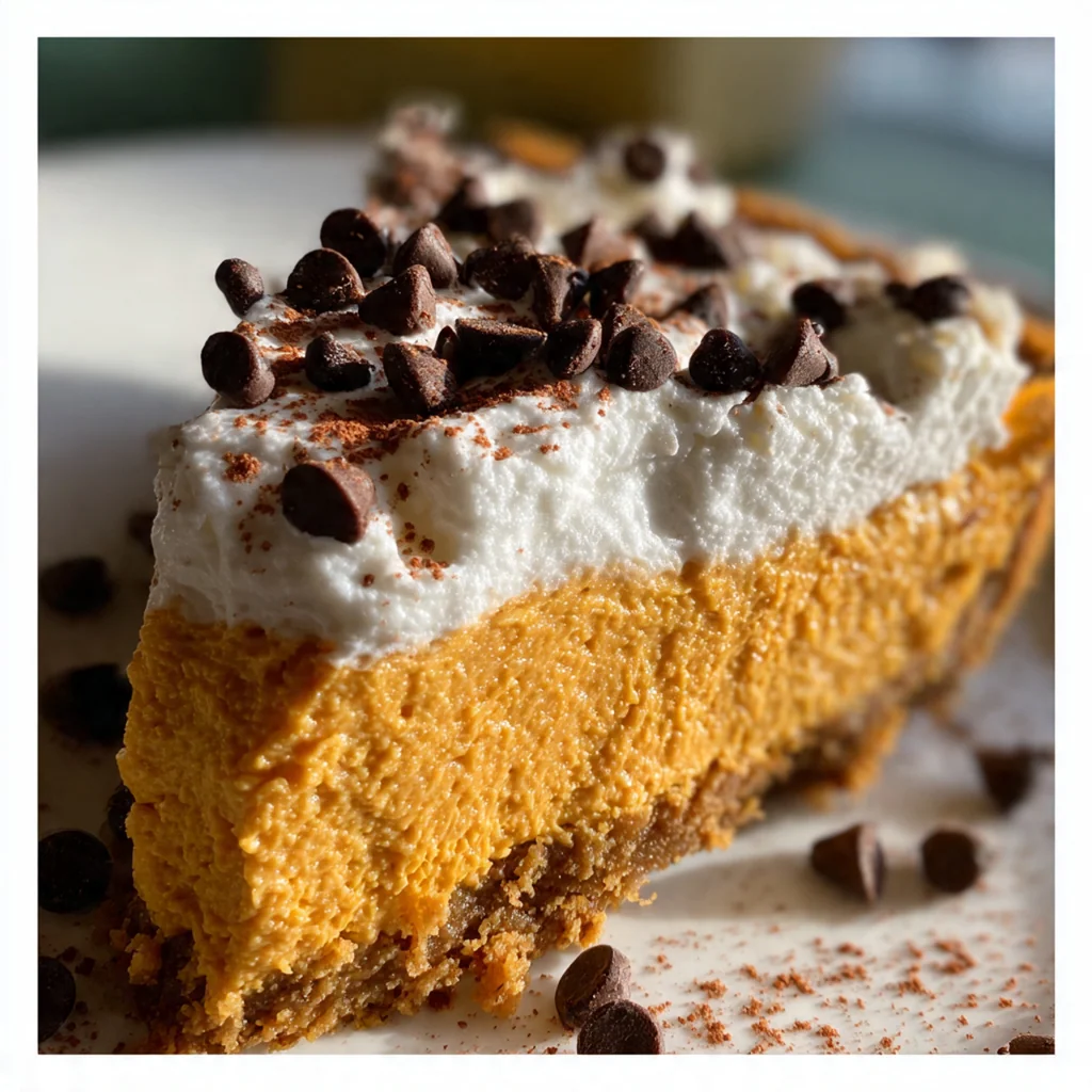 Slice of pumpkin chocolate cheesecake pie with layers of crust, creamy filling, and glossy chocolate ganache
