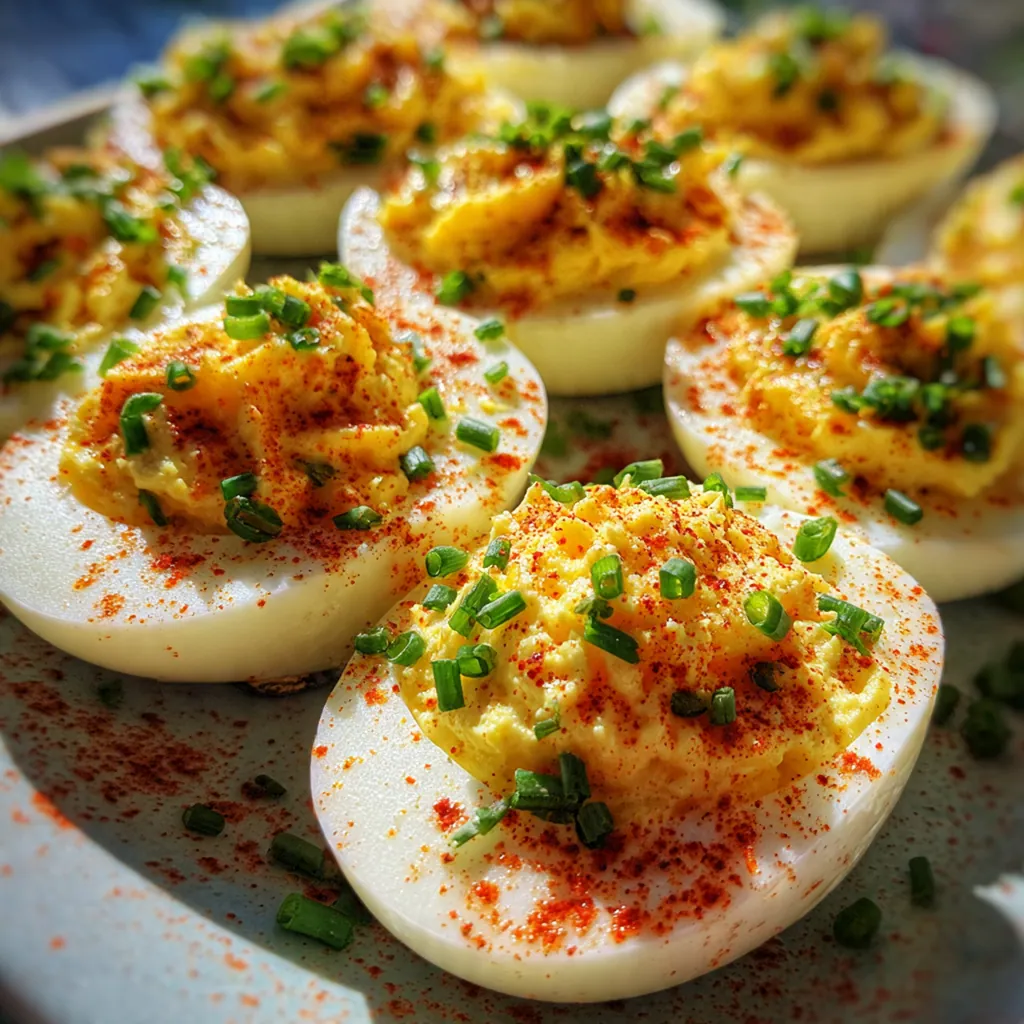 A beautiful serving platter of classic deviled eggs garnished with a sprinkle of red paprika and fresh chives.