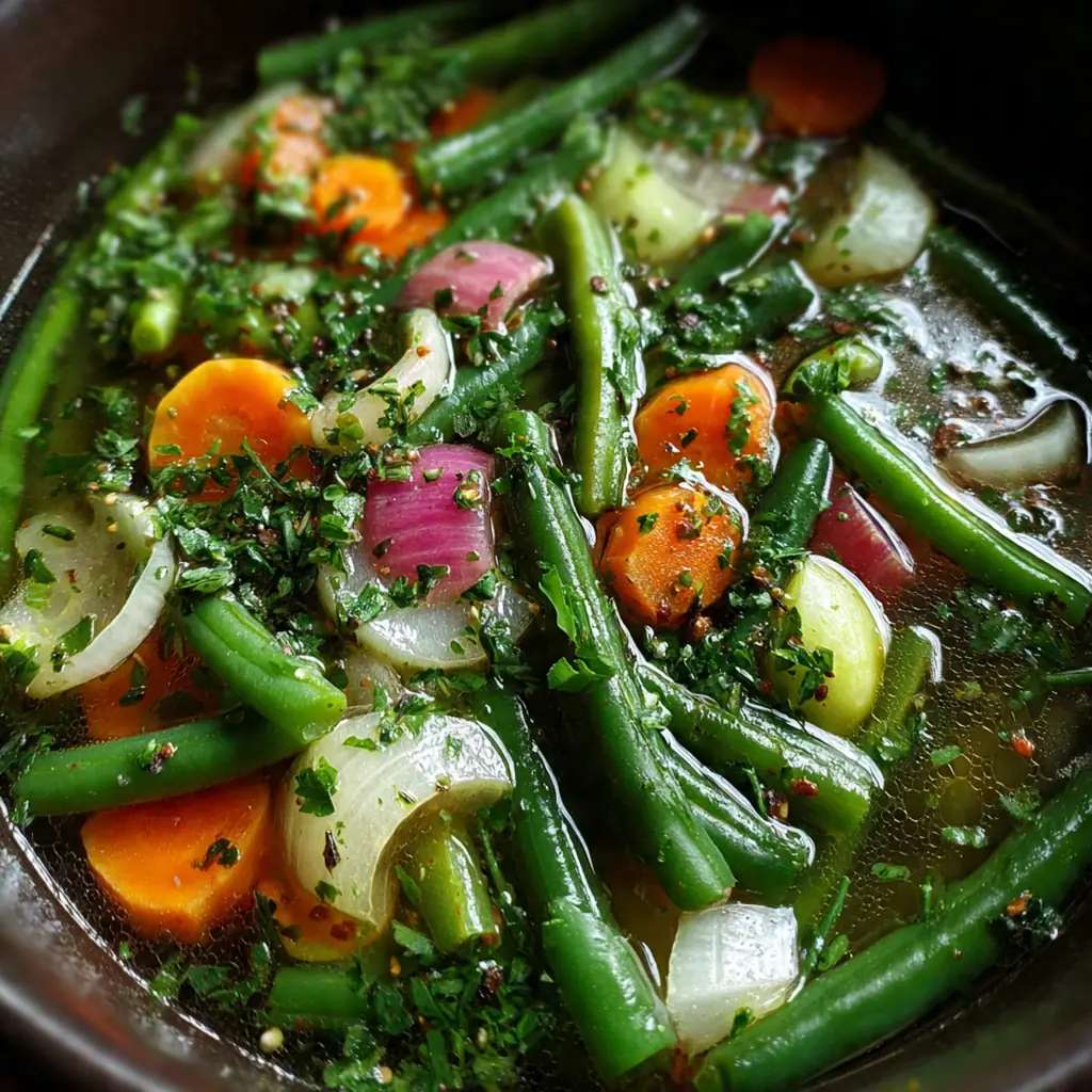 A vibrant bowl of Super Greens Beans Soup with white and red beans peeking through wilted kale and chard