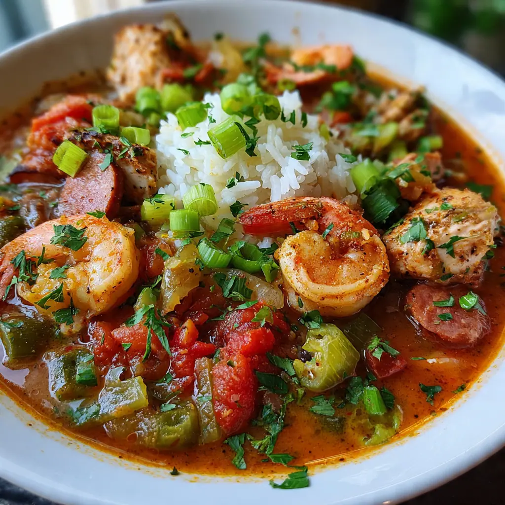A steaming deep bowl of Creole gumbo with chicken and sausage over white rice, garnished with green onions
