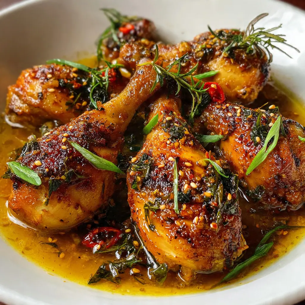 Close-up of sticky honey garlic crock pot drumsticks glistening with glaze and sprinkled with green onions