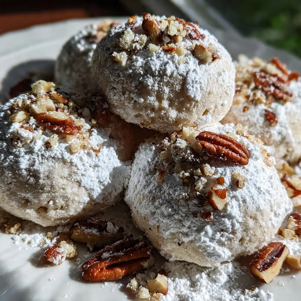 A pile of classic Russian Tea Cakes dusted in snowy powdered sugar on a rustic wooden board