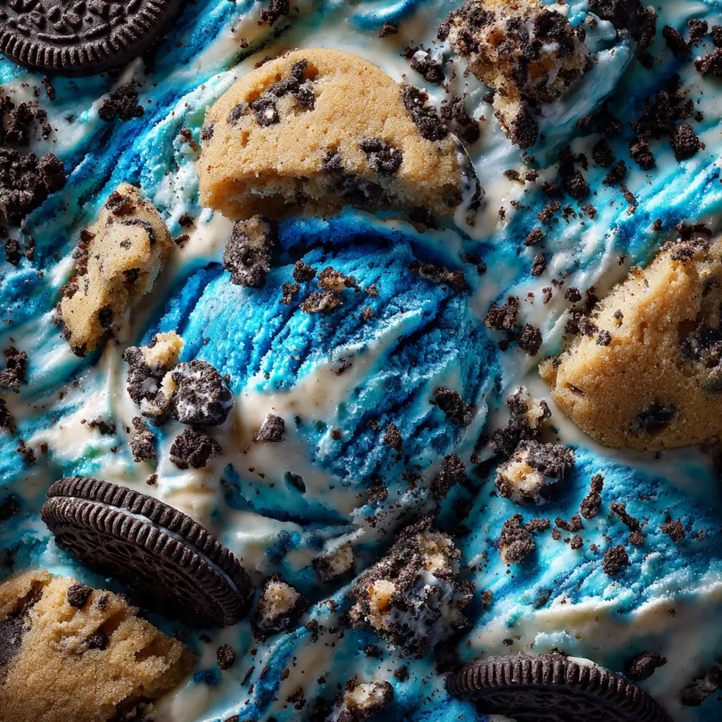 Vibrant blue Cookie Monster ice cream in a bowl with cookie chunks and candy eyes on top