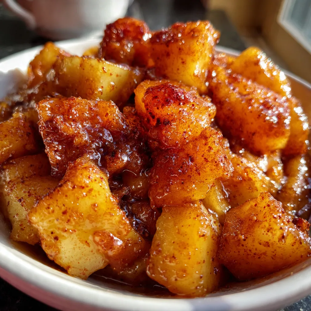 A skillet full of tender Southern Fried Apples glistening in a warm caramel sauce with cinnamon sticks