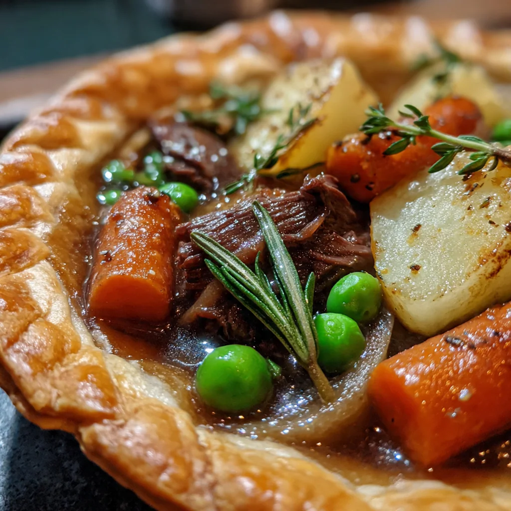 Golden brown deer beer pot pie with a flaky crust peeking over a rustic ceramic dish
