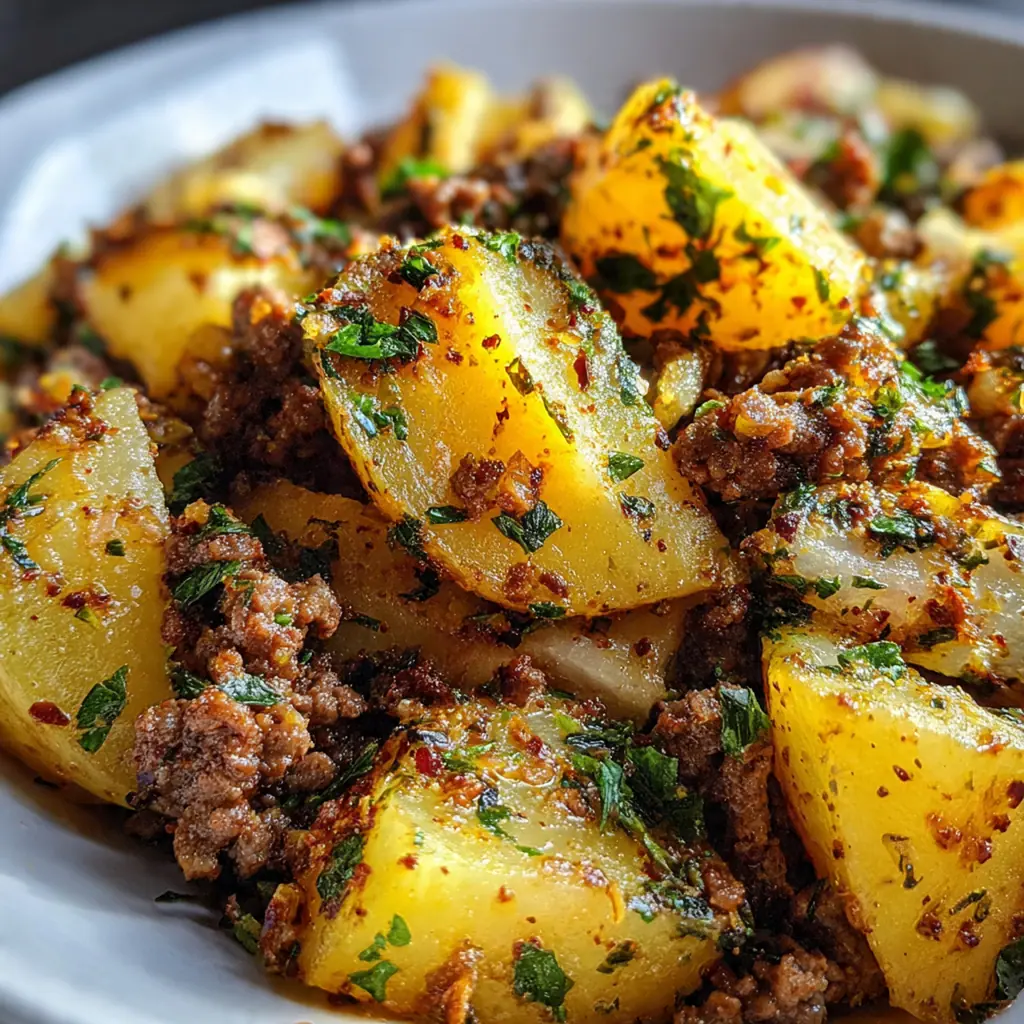 Golden brown ground beef potato casserole fresh from the oven with melted cheddar cheese