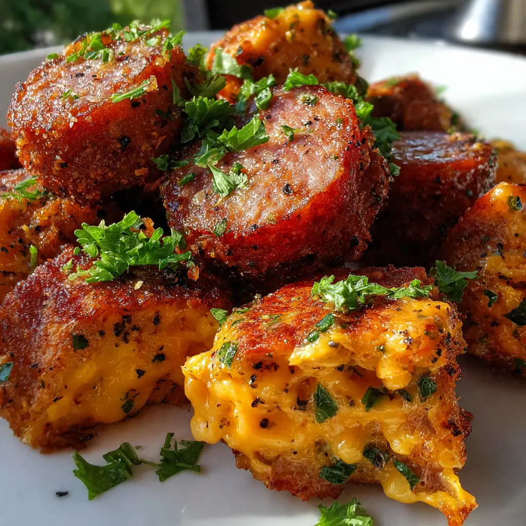 Golden brown Cheesy Kilted Sausage Bites fresh from the oven on a parchment-lined baking sheet