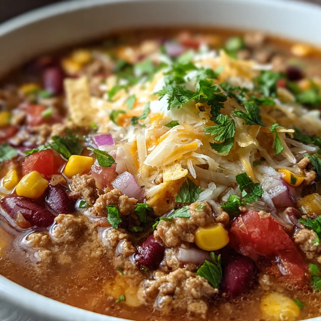 A steaming pot of hearty taco soup filled with ground beef, beans, and corn