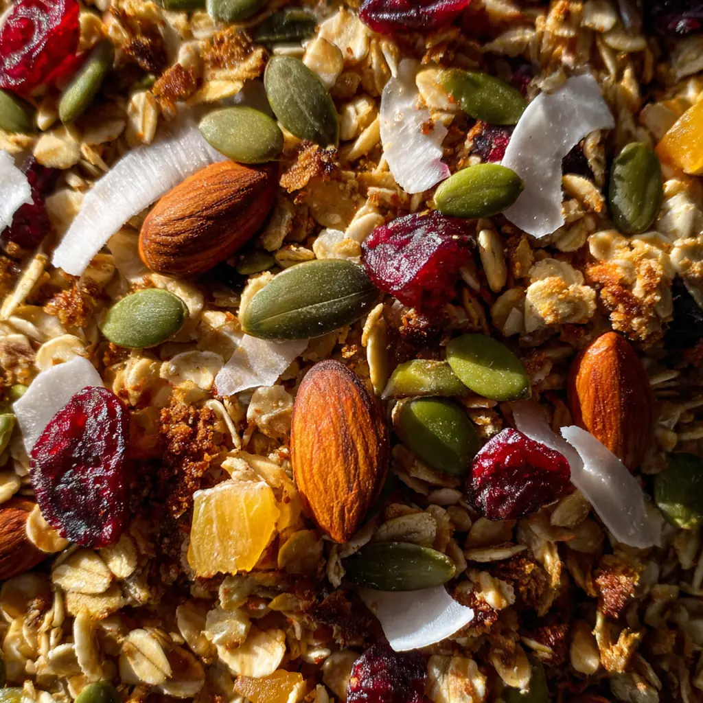A large jar filled with crunchy maple almond granola clusters, nuts, and seeds