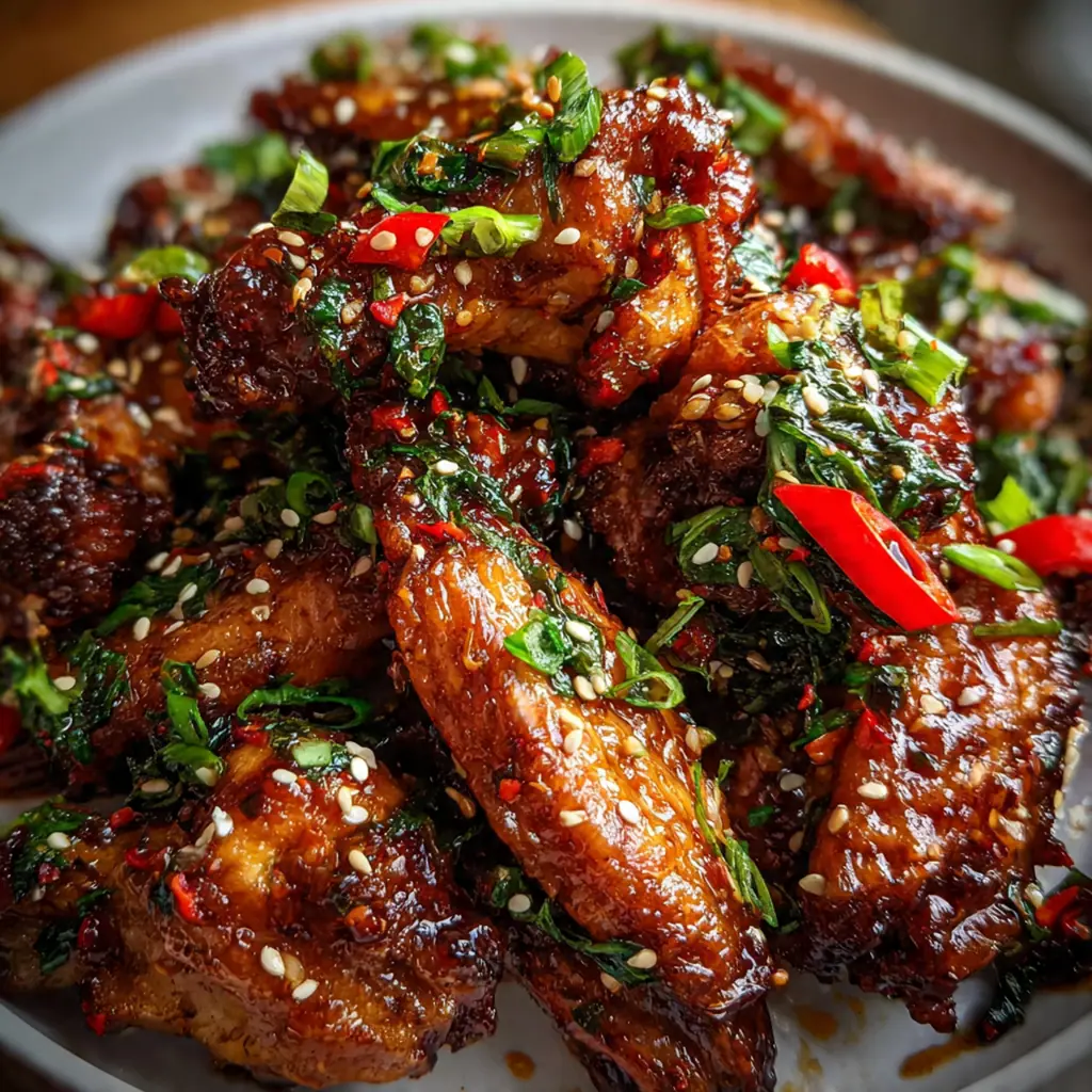 A close-up platter of glossy sticky Chinese chicken wings coated in a dark caramelized glaze