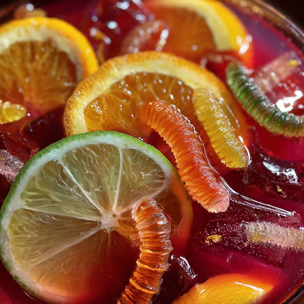 A large glass punch bowl filled with dark purple Halloween punch, swirling with thick white fog from dry ice.