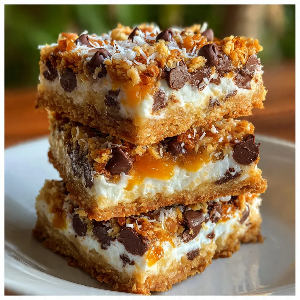 A close-up of golden magic bars with layers of chocolate, coconut, and pecans peeking through