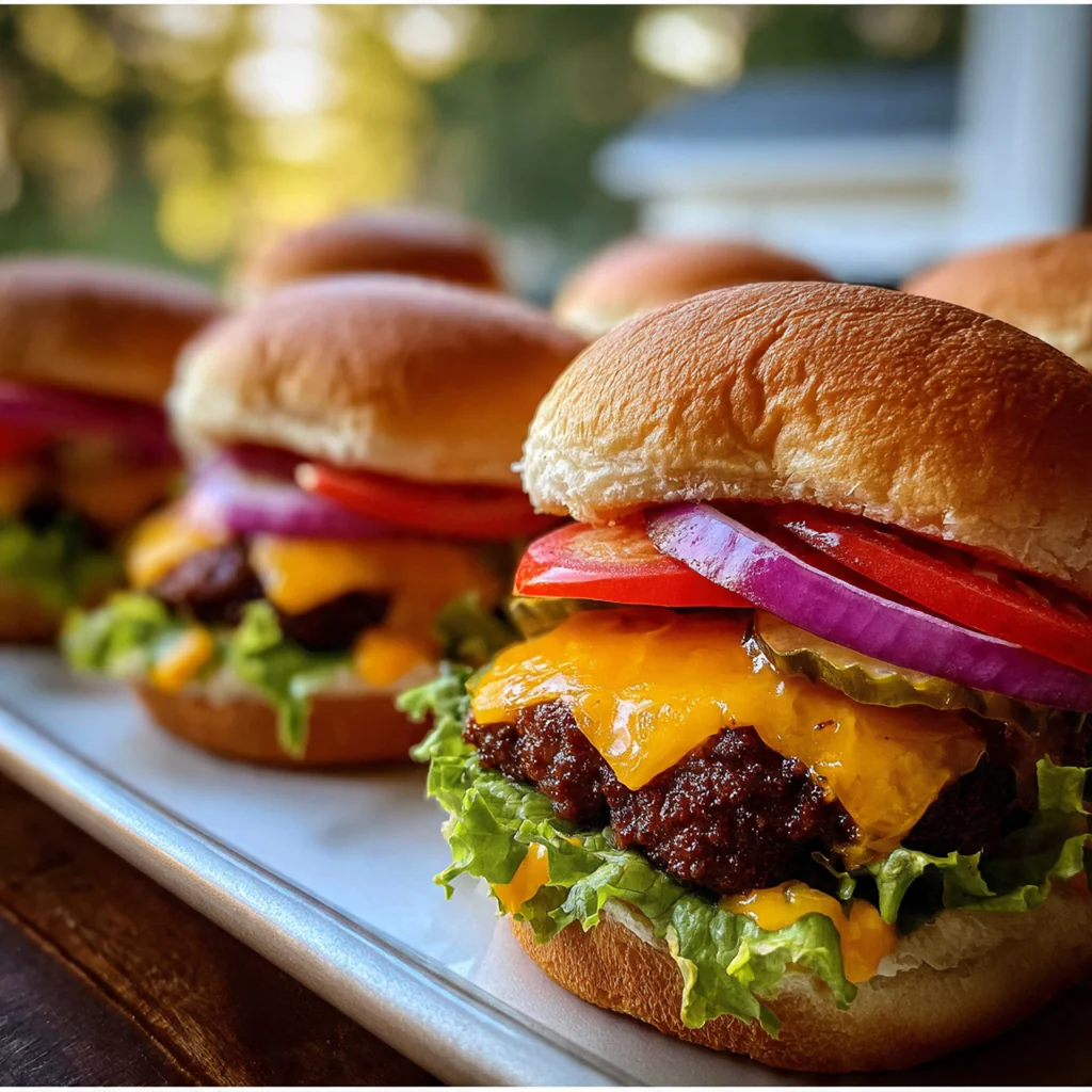 A platter of golden beef sliders with melted cheddar cheese peeking out from soft buns