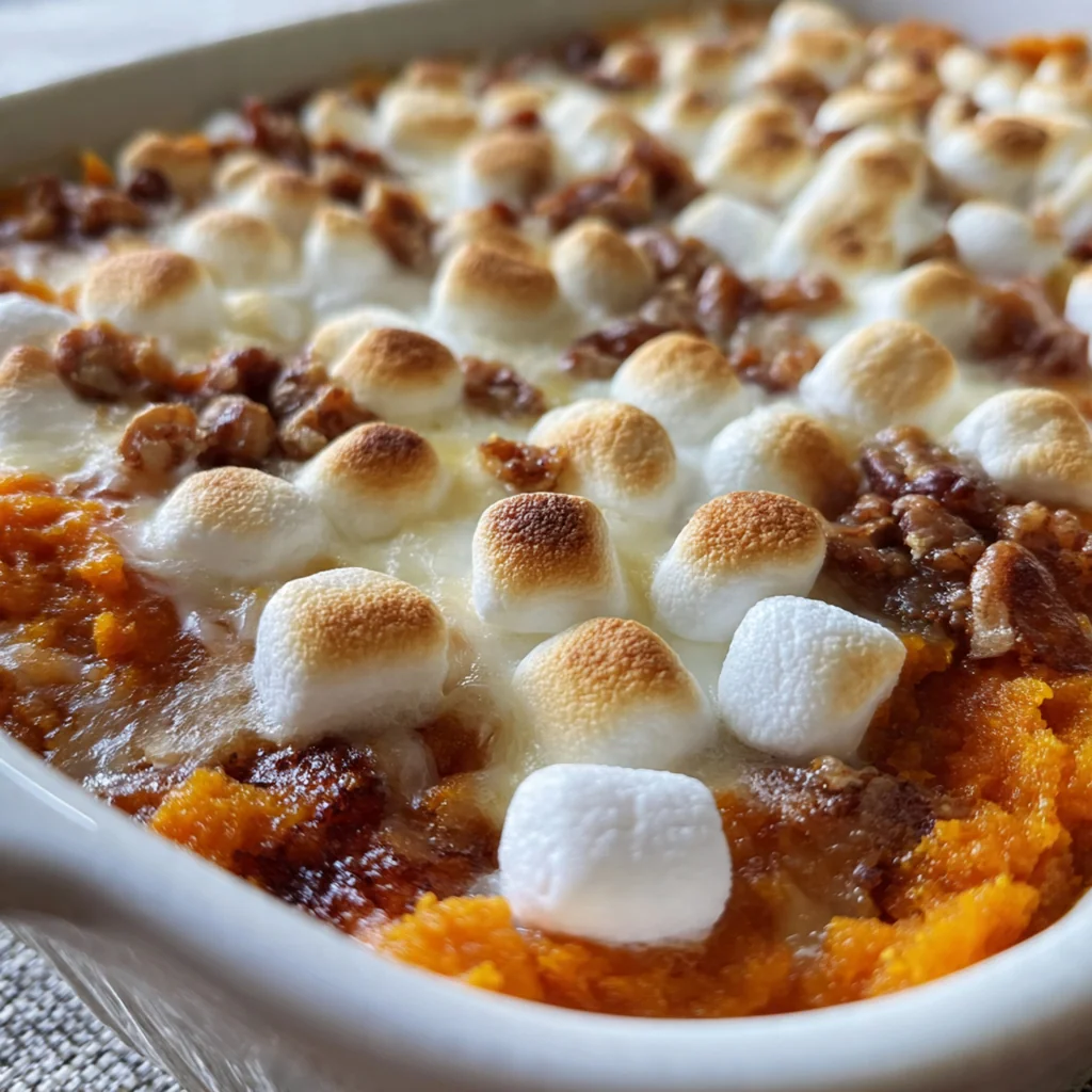 Creamy sweet potato casserole with a perfectly toasted blanket of golden mini marshmallows