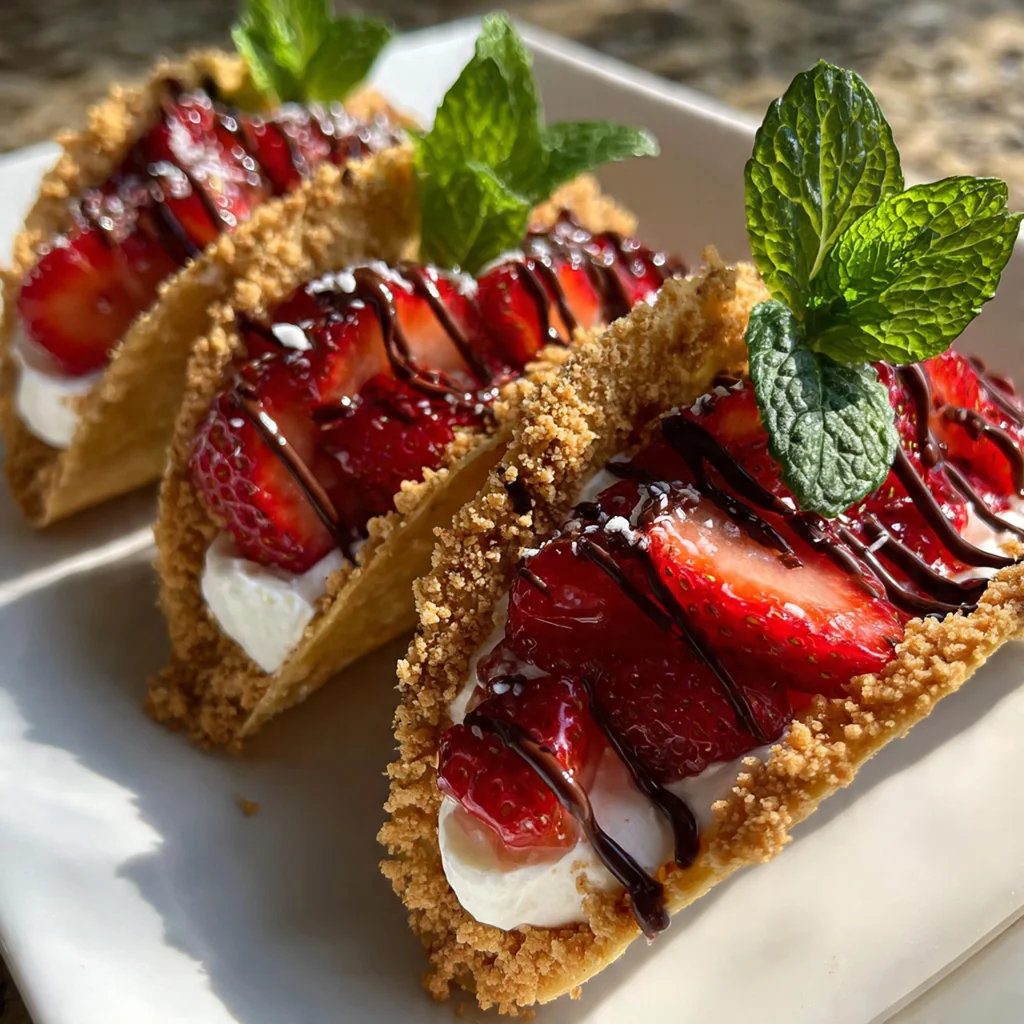 A platter of crispy cheesecake tacos filled with creamy filling and drizzled with red strawberry sauce