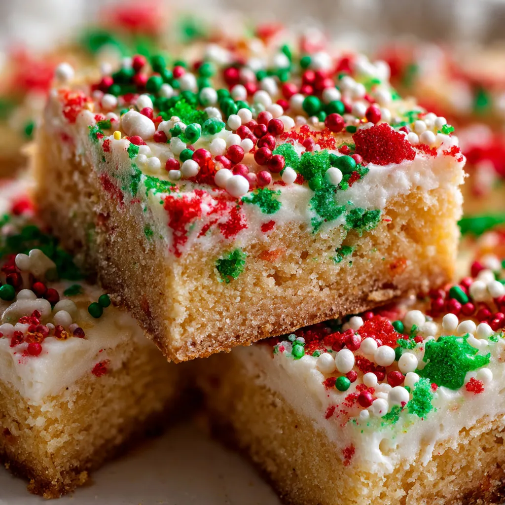 Festive Christmas sugar cookie bars with creamy white frosting and colorful holiday sprinkles