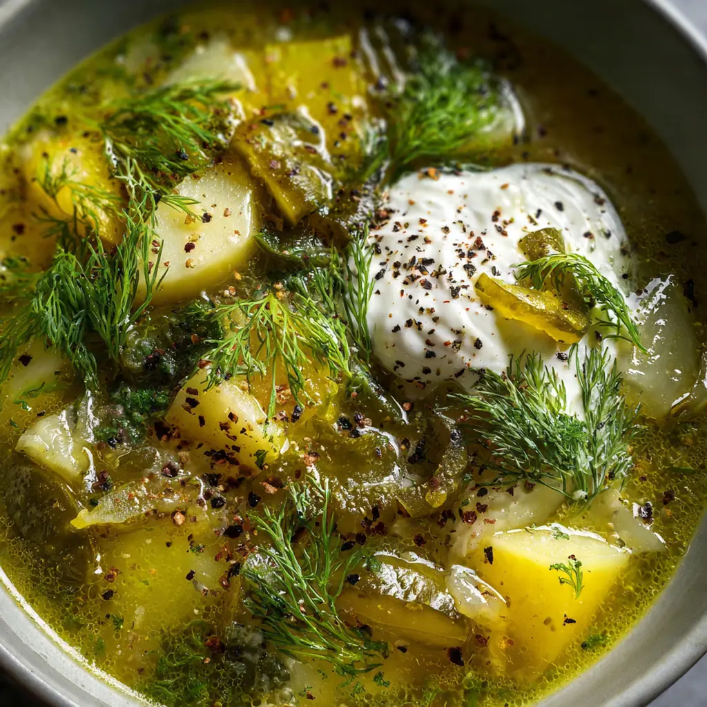 A steaming bowl of creamy Polish dill pickle soup with carrots, potatoes, and fresh dill garnish