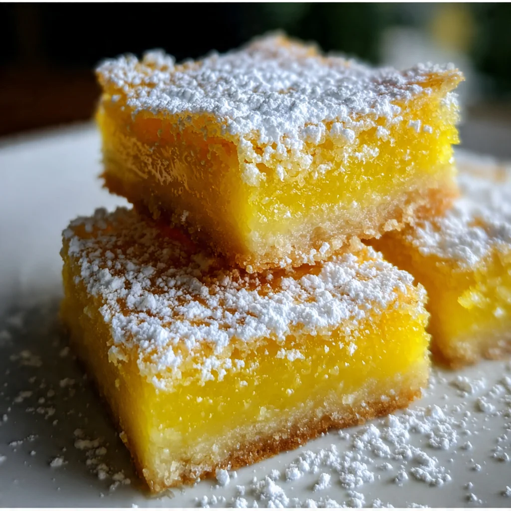 A golden slab of homemade lemon bars dusted with a snowfall of powdered sugar on a marble counter
