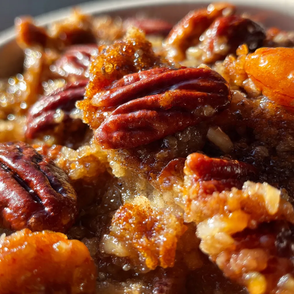 Southern pecan cobbler fresh from the oven with a golden cake top and glistening caramel pecan sauce bubbling at the edges