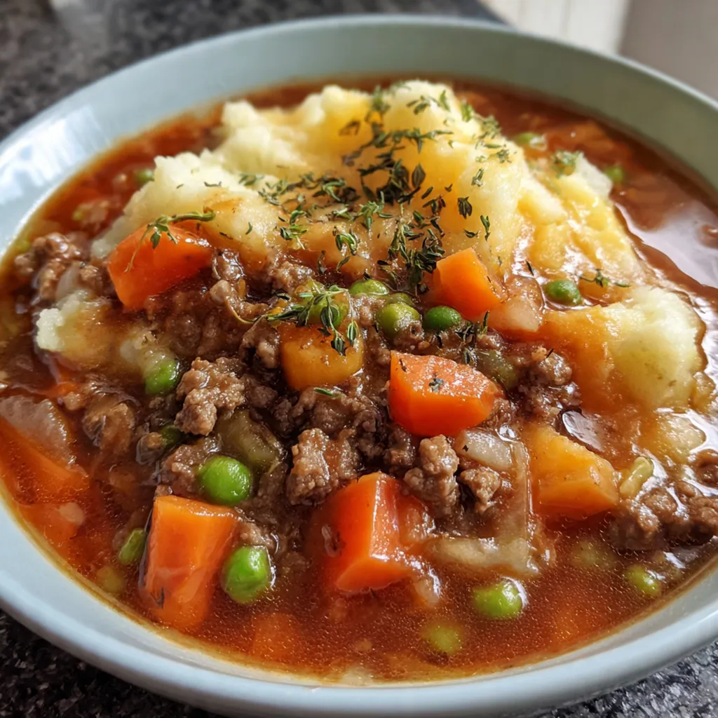 A steaming bowl of hearty Shepherds Pie Soup topped with a fluffy scoop of creamy mashed potatoes