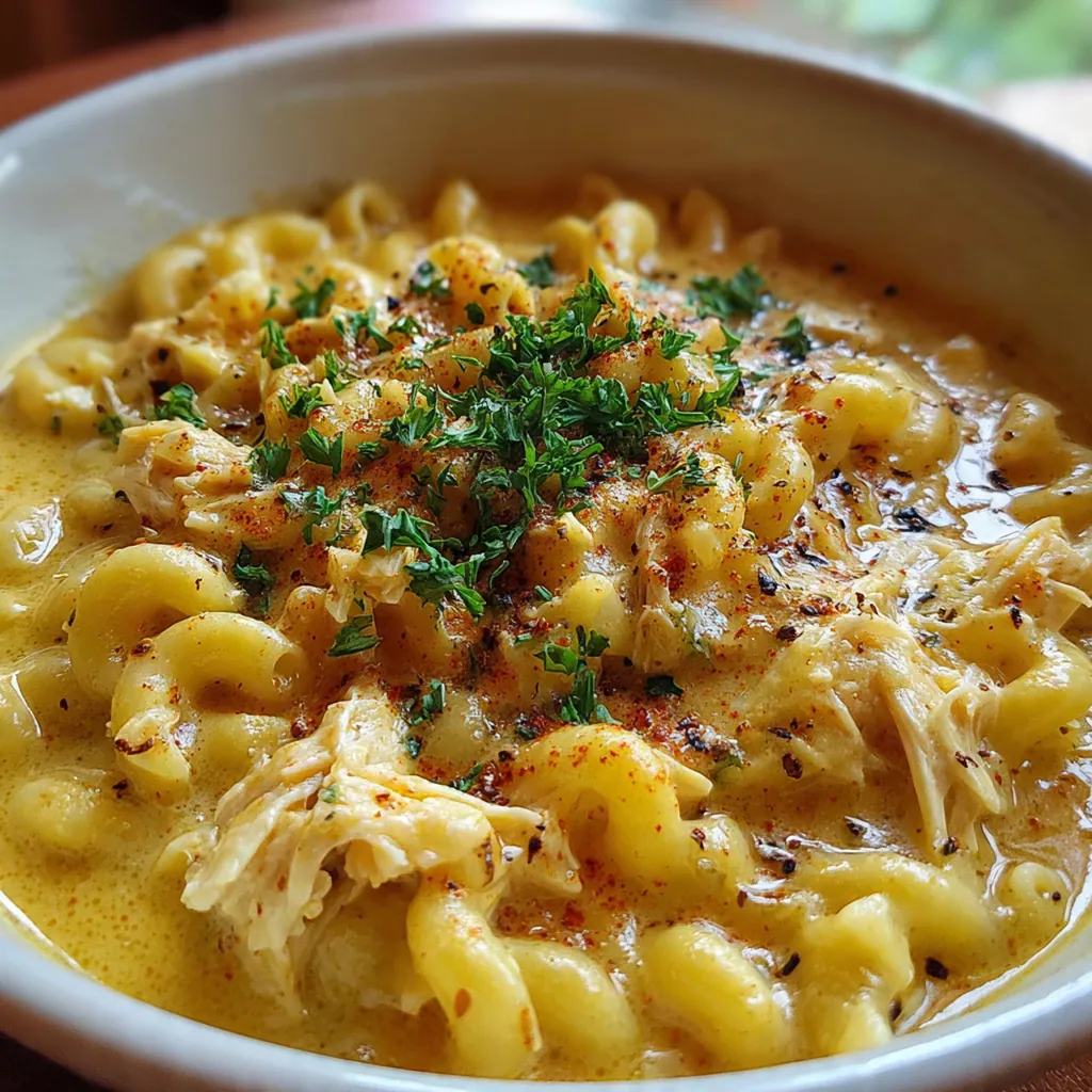 Close-up of a spoonful of cheesy soup topped with crumbled bacon and fresh parsley