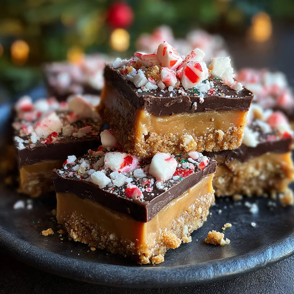 Close-up of a peppermint bark peanut butter ball with crunchy Butterfinger pieces and candy cane sprinkles