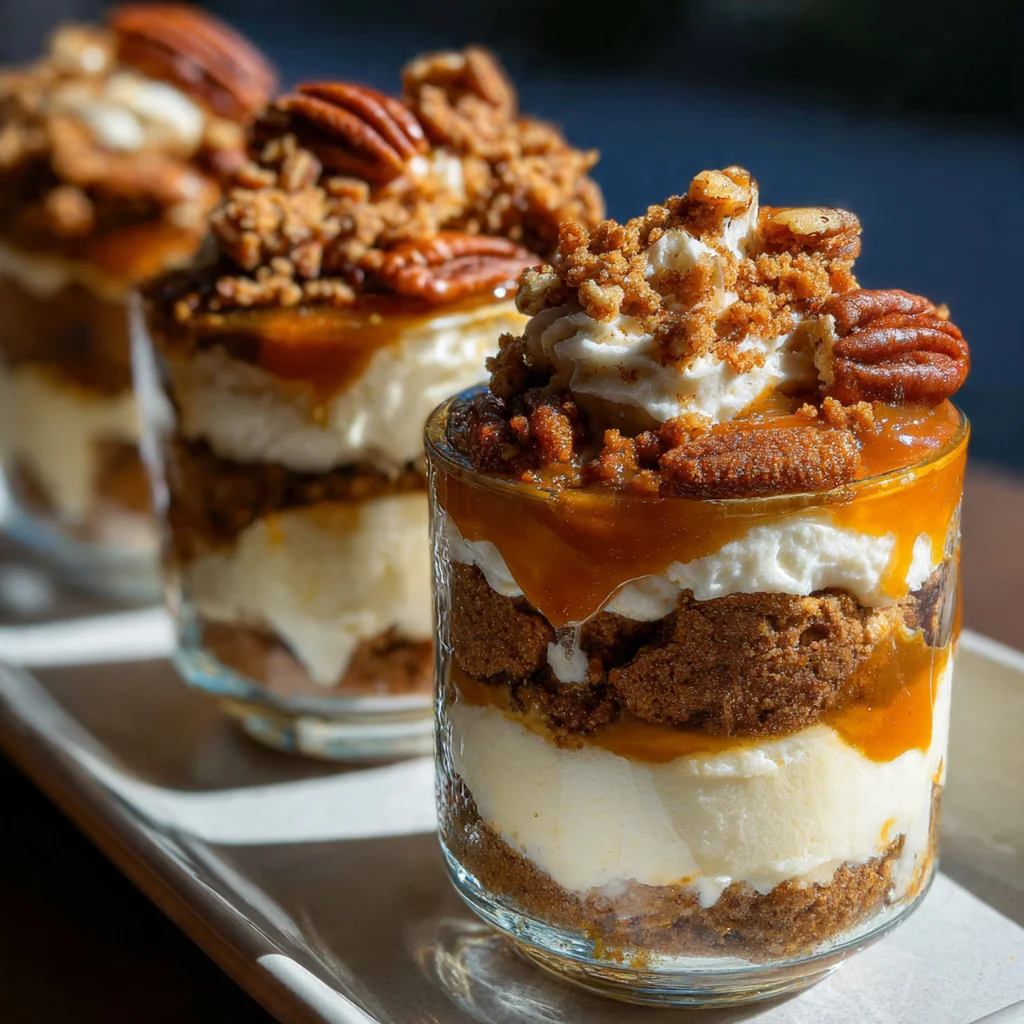 Overhead shot of a beautifully assembled pumpkin cheesecake trifle in a clear glass with autumn decorations in the background