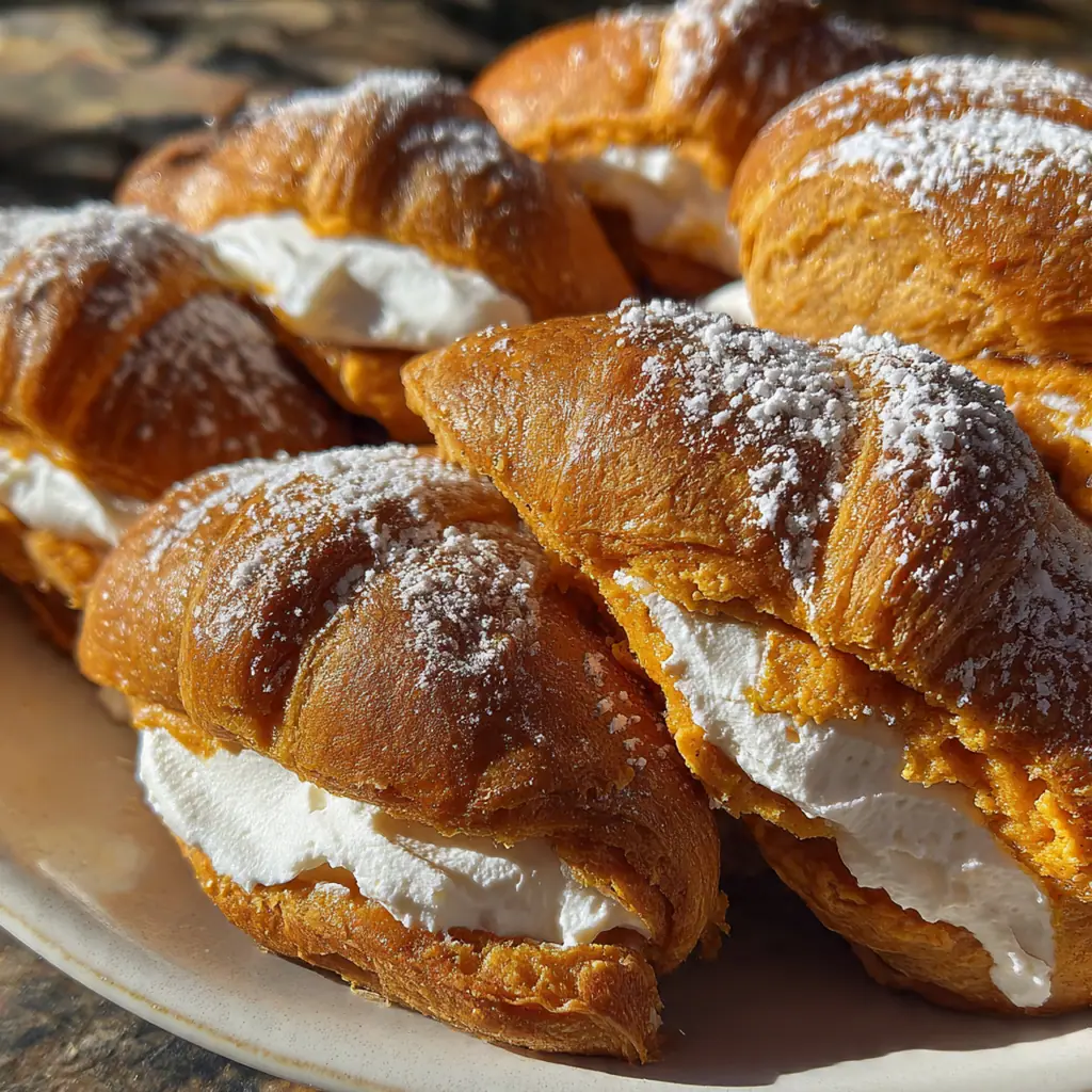 Close-up of a warm crescent pumpkin pastry being drizzled with glossy caramel sauce.