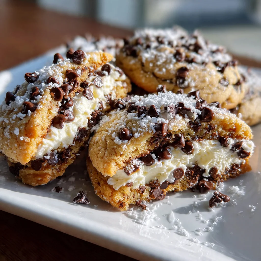 Close-up of a cookie broken open to reveal the creamy white cheesecake filling inside