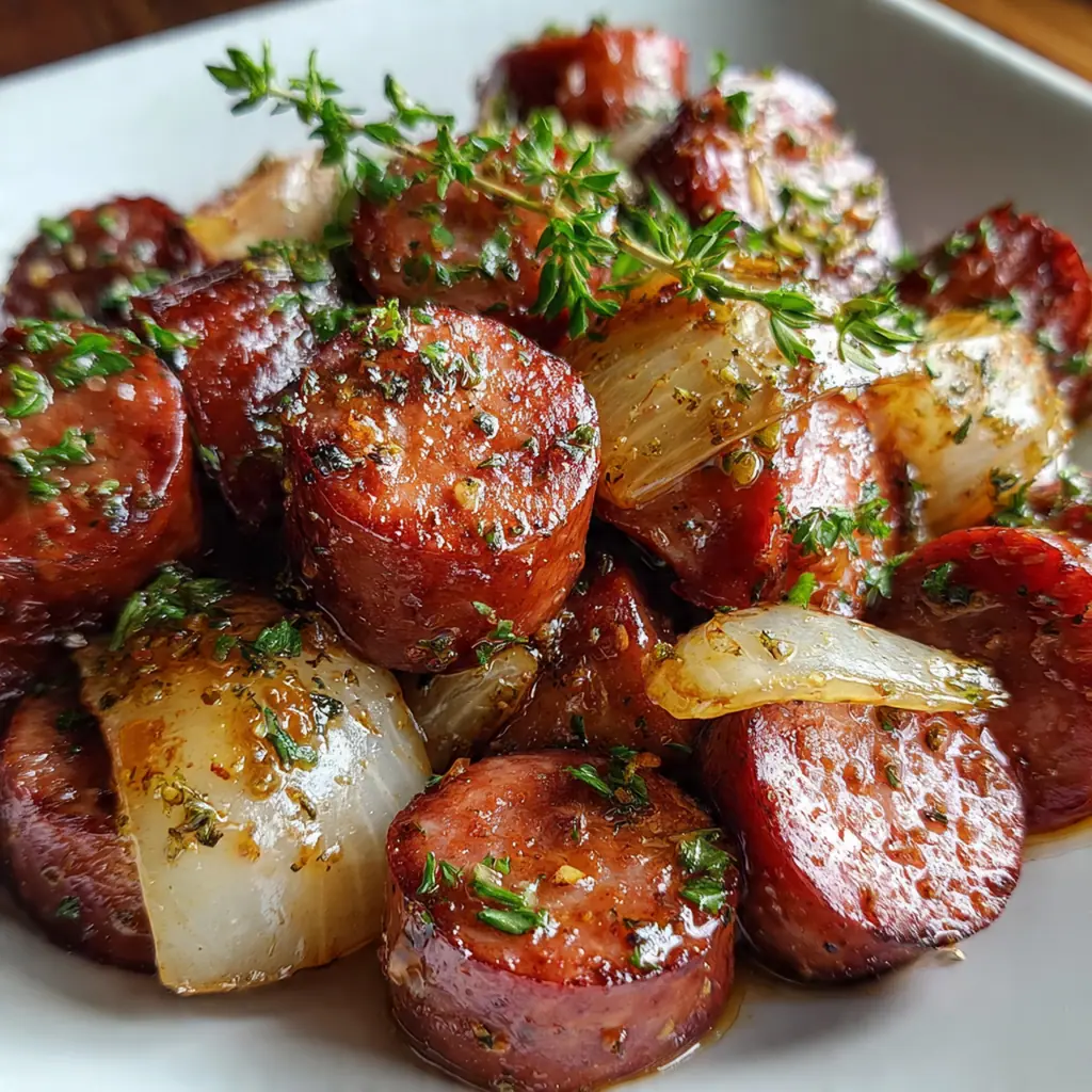 Close-up of glistening apple and sausage bites with chopped pecans and a glossy sauce coating each piece
