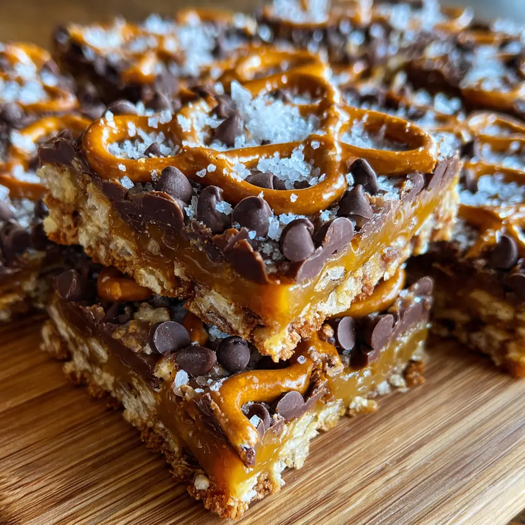 Scattered ingredients for caramel pretzel bars including pretzels, chocolate chips, and a bowl of homemade caramel