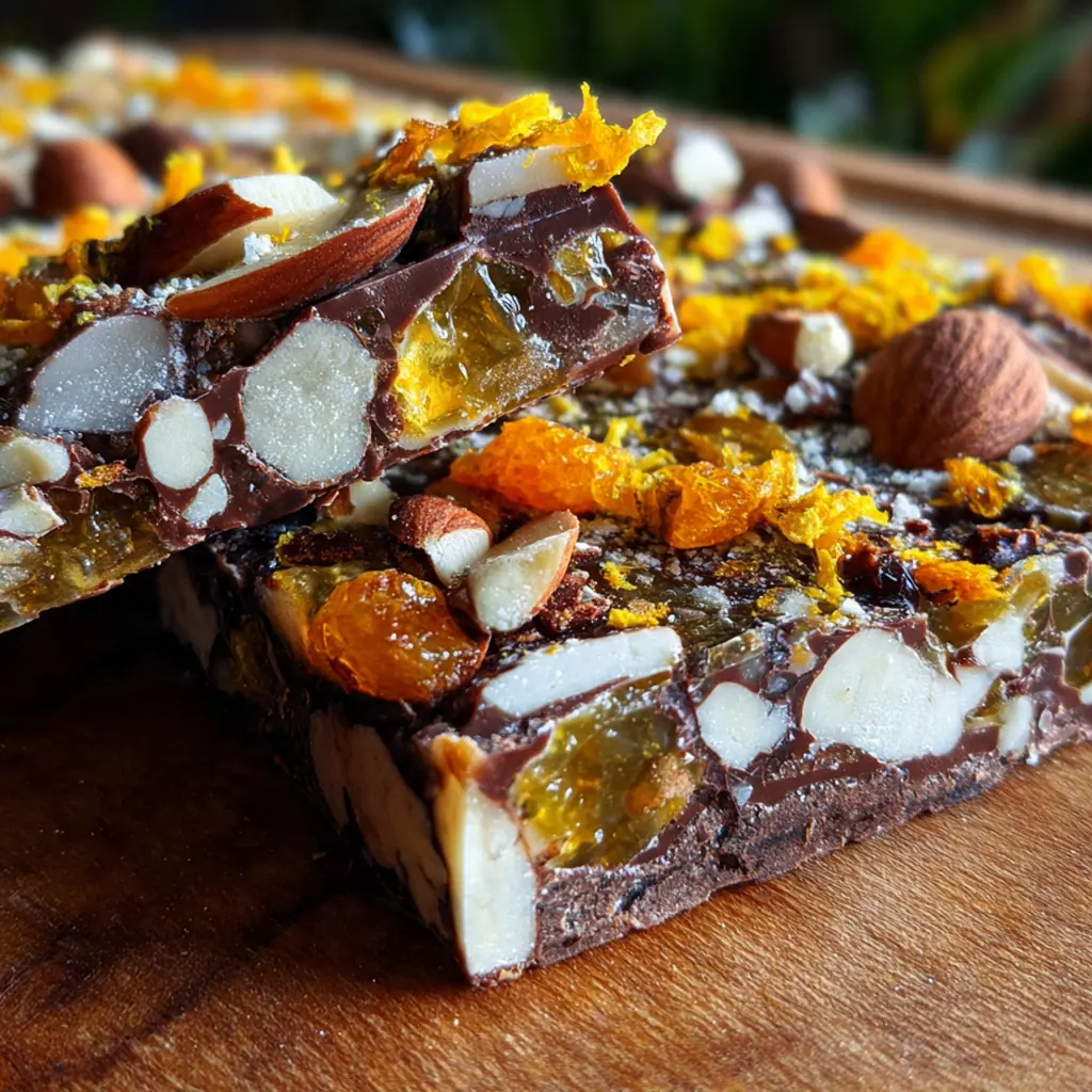 An elegant plate of chocolate torrone squares arranged next of a small espresso cup on a wooden table