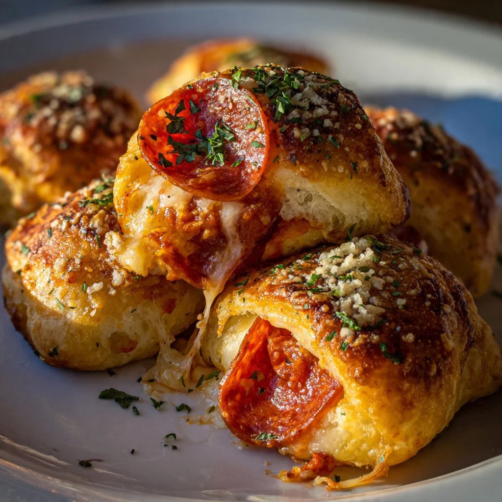Close-up of a flaky, cheesy pepperoni pizza crescent roll being pulled apart to reveal the melted filling