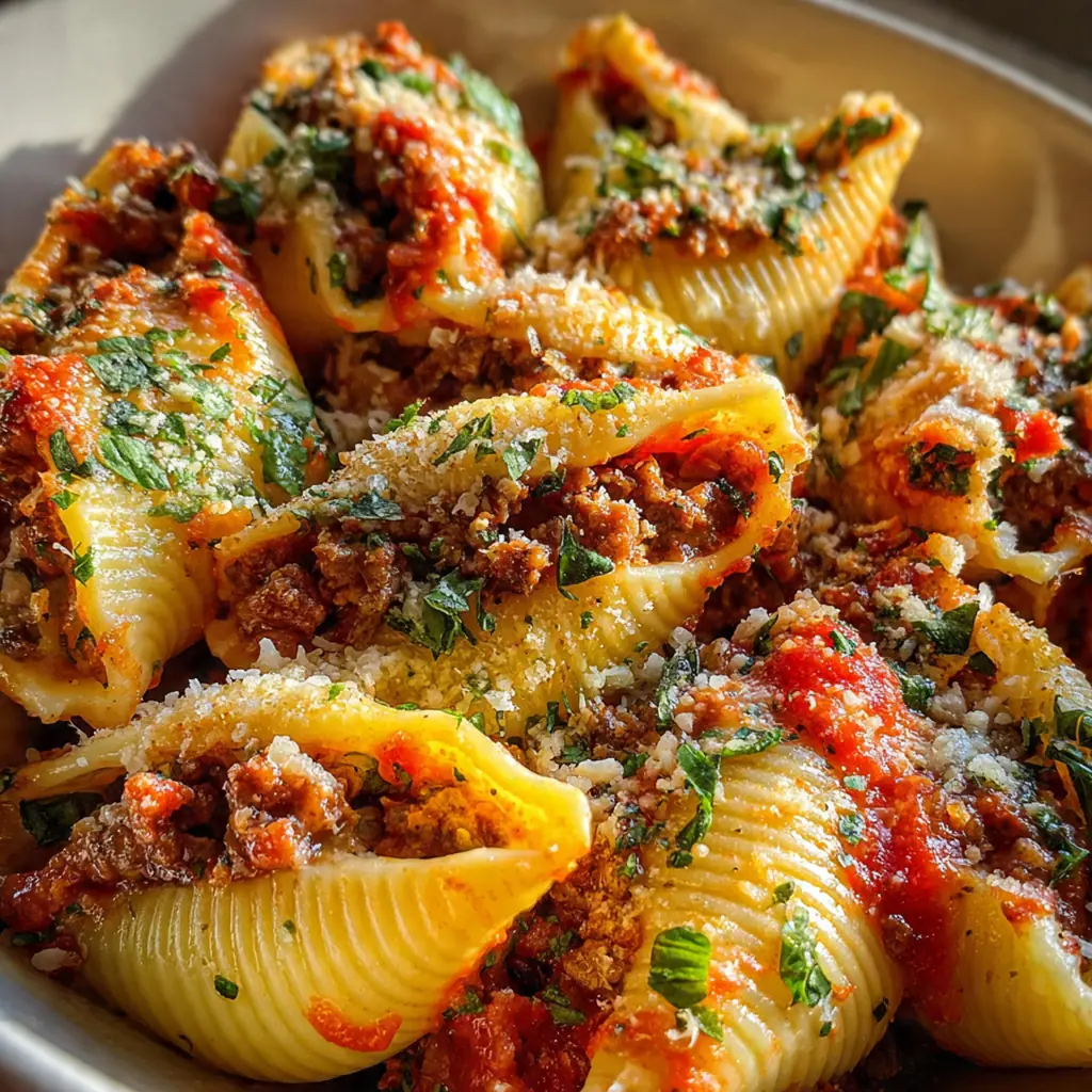 Close-up of a fork lifting a stuffed jumbo shell from a cheesy baked pasta dish