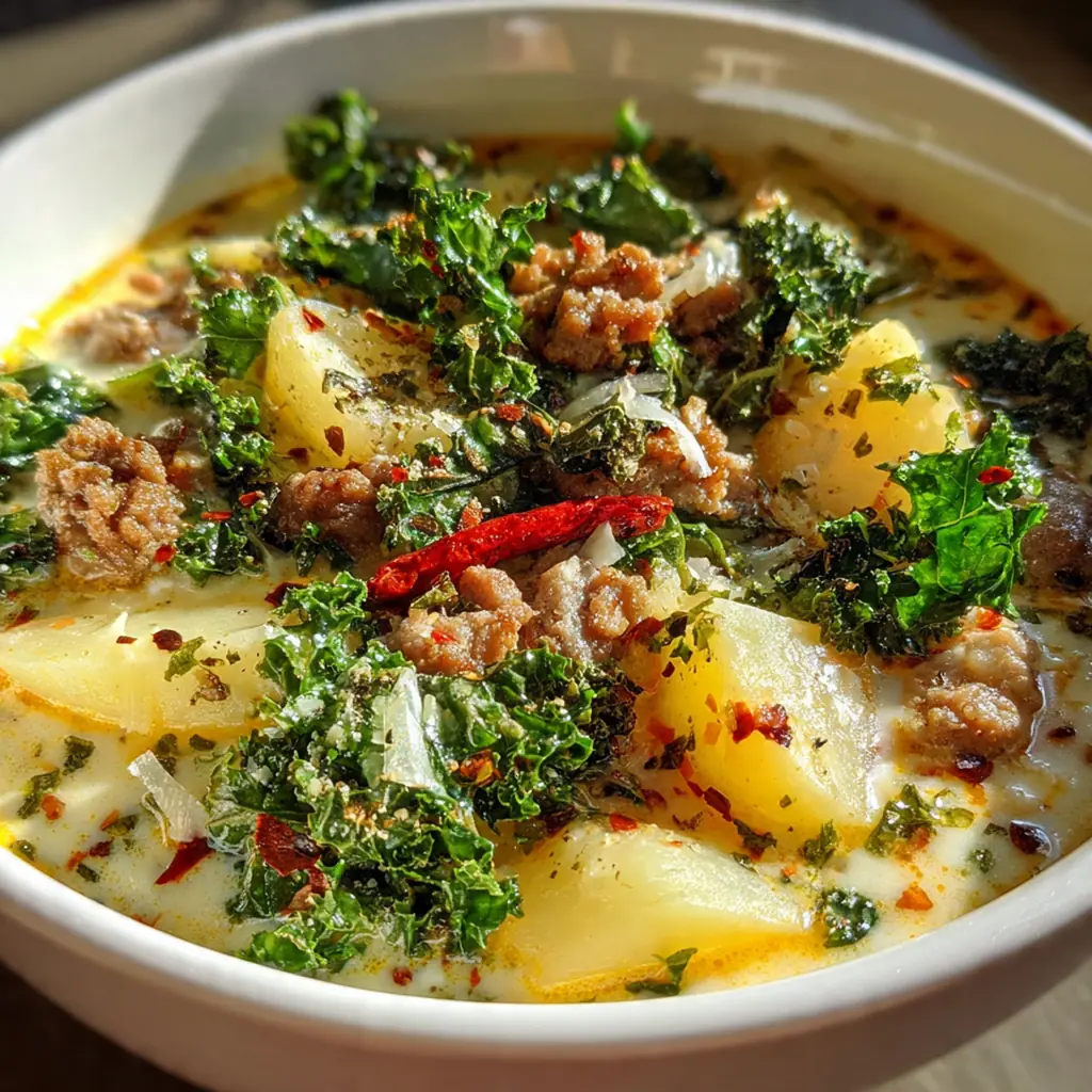 Overhead view of a rustic pot of Zuppa Toscana with crusty bread on the side